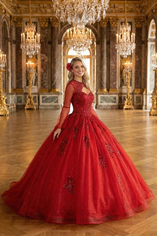 Woman in elegant red tulle quinceañera dress with lace details in a grand ballroom