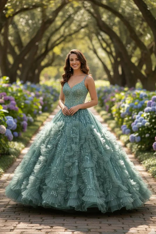 Woman in a green textured ruffle ball gown with spaghetti straps and glitter detail, standing outdoors among blooming hydrangeas.