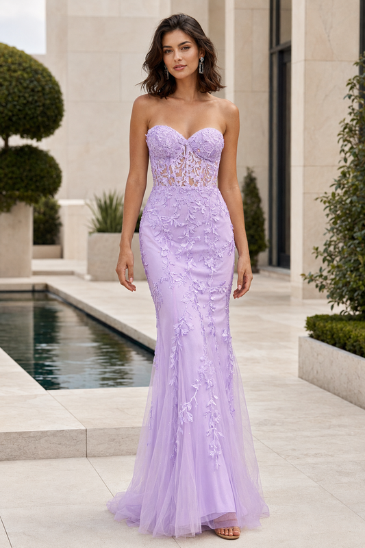 Lyra lavender strapless lace corset mermaid prom dress front view