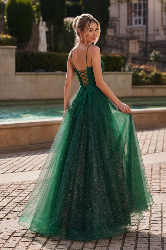 A Line V Neck Floor Length Tulle Prom Dress front view