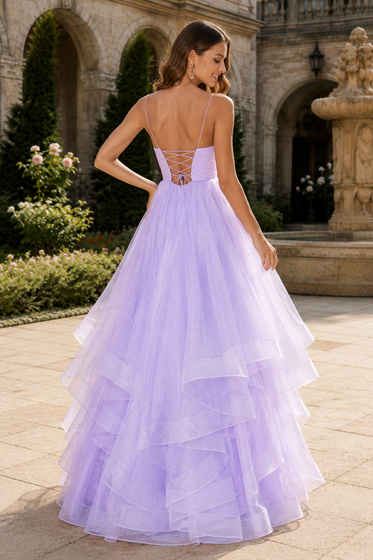 A Line V Neck Floor Length Tulle Prom Dress back view