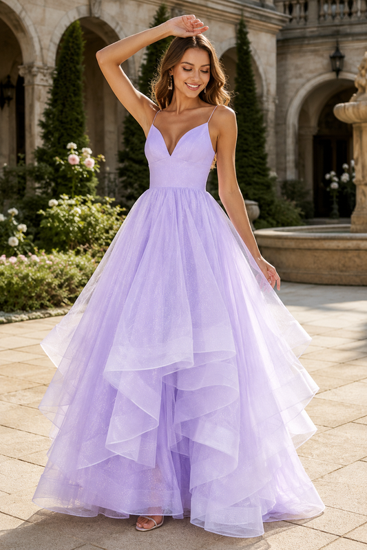 A Line V Neck Floor Length Tulle Prom Dress front view