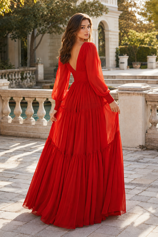 A Line V Neck Full Long Sleeve Floor Length Chiffon Prom Dress back view