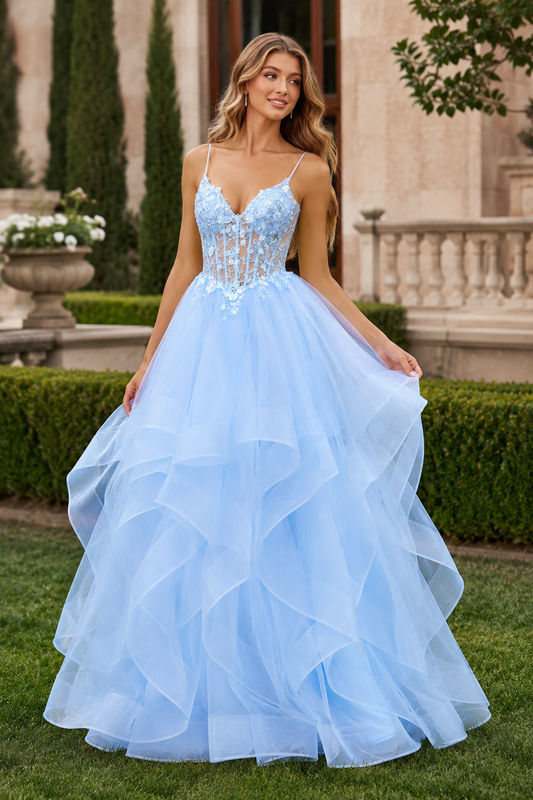 Ball Gown V Neck Sweep Train Tulle Prom Dress front view
