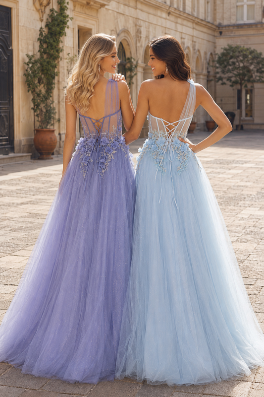 A Line One Shoulder Sleeveless Sweep Train Tulle Prom Dress back view
