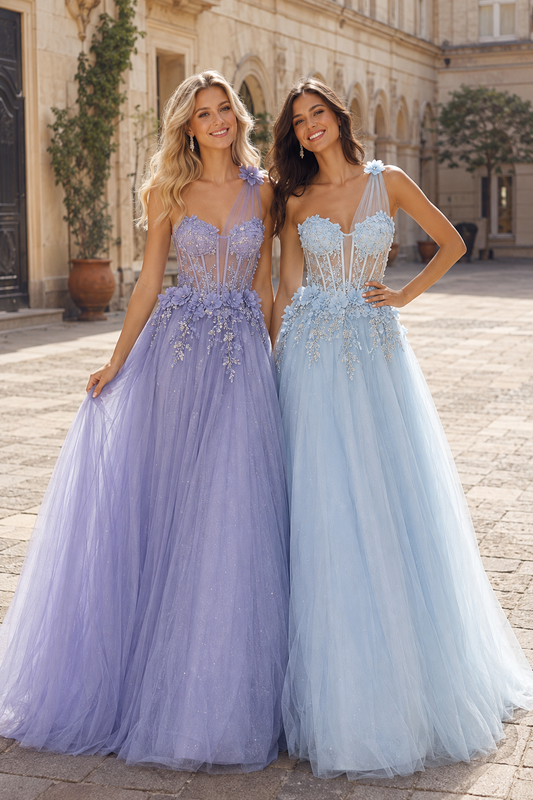 A Line One Shoulder Sleeveless Sweep Train Tulle Prom Dress front view